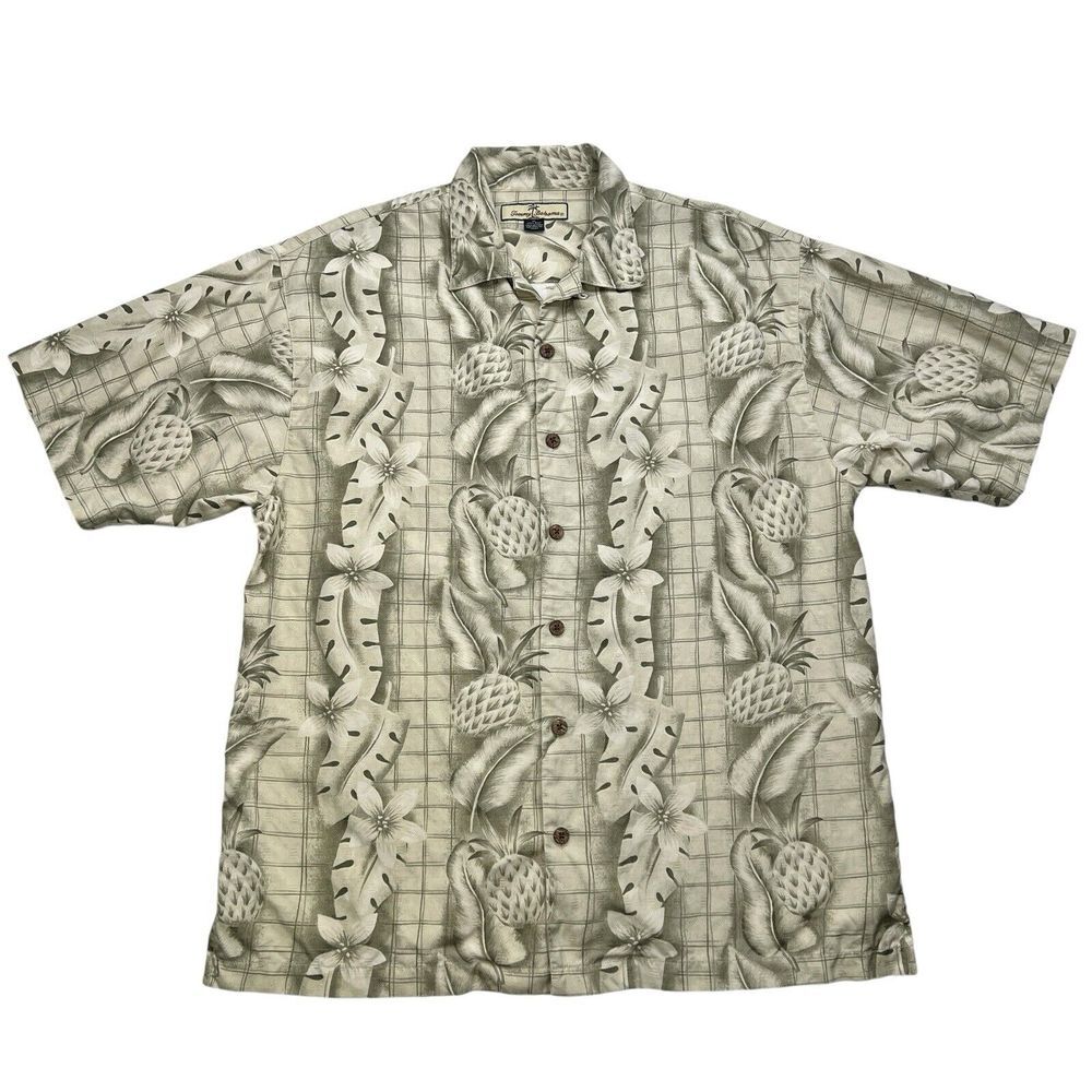Tommy Bahama Medium Silk Button-Up Shirt Hawaiian Leaf Print Short Sleeve Collar
